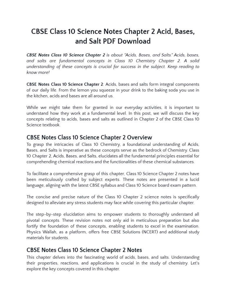 Class 10 Science: Acids, Bases, Salts Notes | PDF | Acid | Sodium Carbonate