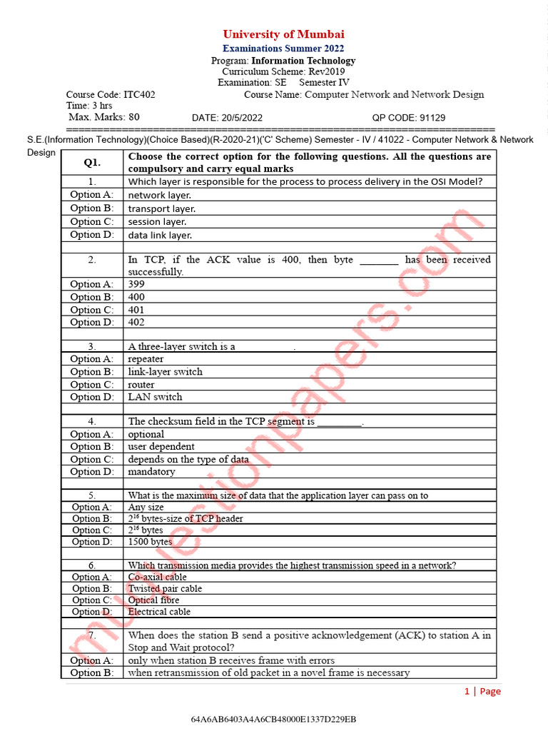 Computer Network Exam Questions | PDF | Transmission Control Protocol ...