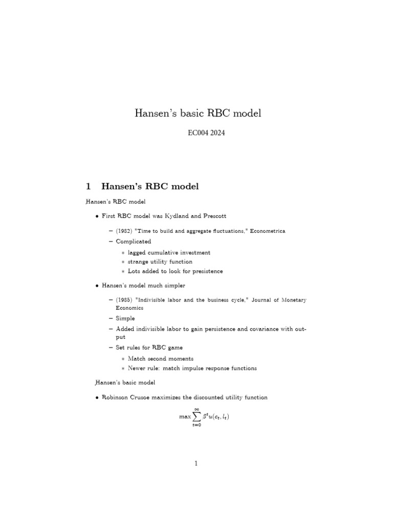 Hansen's Simplified RBC Model Overview | PDF | Mathematics | Applied ...