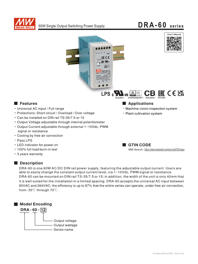 Dra 60 Spec Pdf Power Supply Manufactured Goods