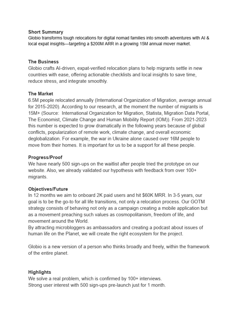 Globio Content For Angel Investors Platforms | PDF | Human Migration ...
