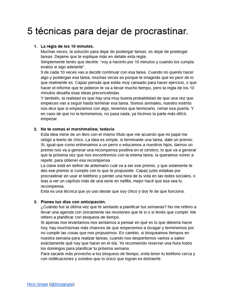 5 Técnicas Para Dejar De Procrastinar Pdf