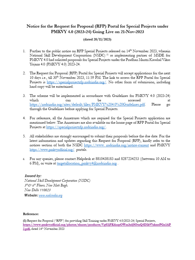 RFP Portal for PMKVY 4.0 Special Projects | PDF | Request For Proposal ...
