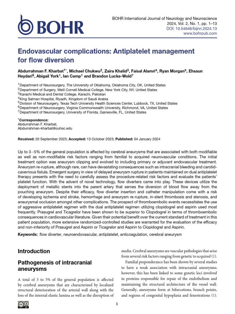 Endovascular Complications Antiplatelet Management For Flow Diversion PDF Aspirin Stroke