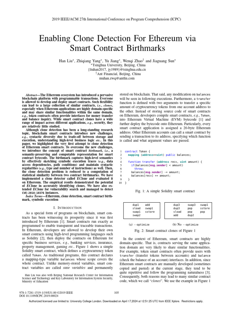 Enabling Clone Detection For Ethereum Via Smart Contract Birthmarks ...