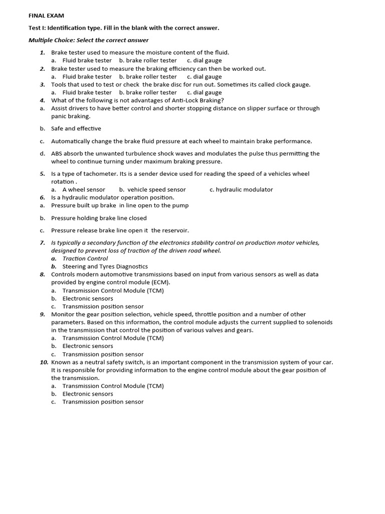 Electronic Auto FINAL EXAM | PDF | Brake | Electricity