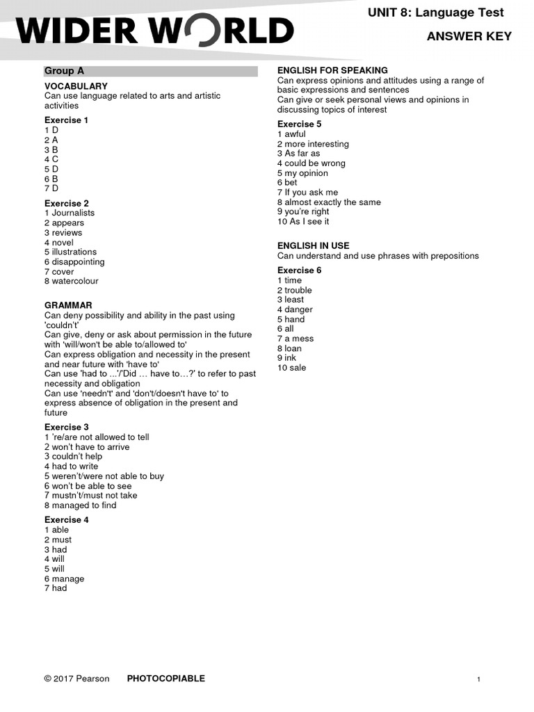 Language Test Answer Key Unit 8 | PDF | English Language | Syntax