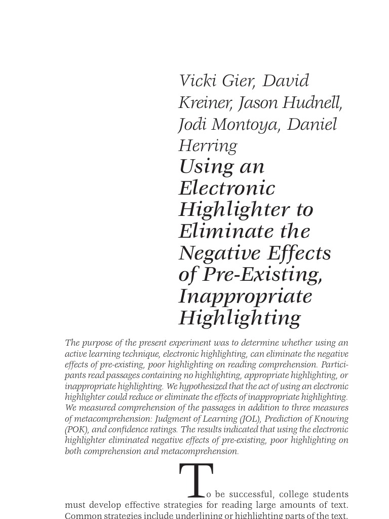 Electronic Highlighter PDF Reading Comprehension Reading (Process)