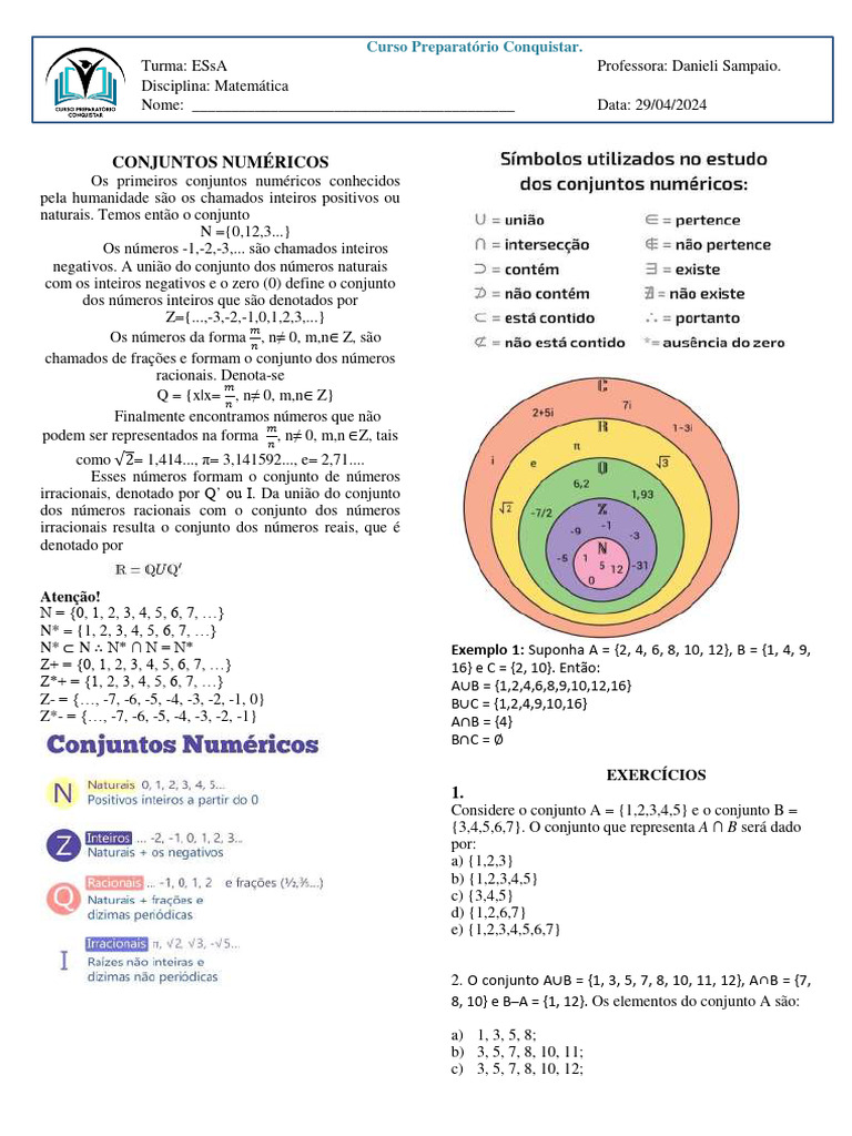 Conjuntos Numéricos e Exercícios de Matemática | PDF | Números | Número ...