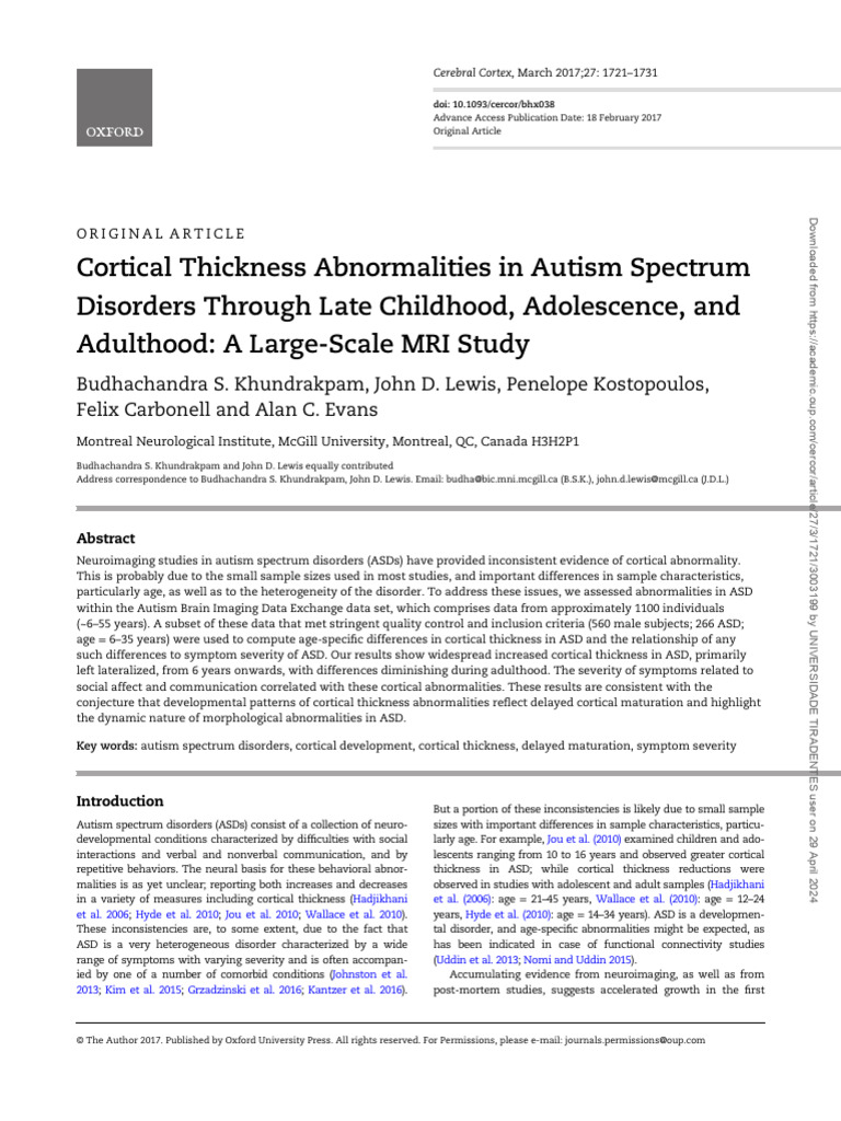 Cortical Thickness Abnormalities in Autism Spectrum | PDF | Autism Spectrum