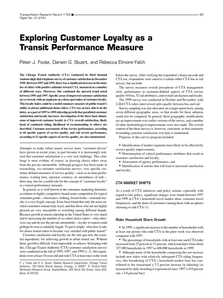 Foote et al 2001 exploring customer loyalty as a transit performance