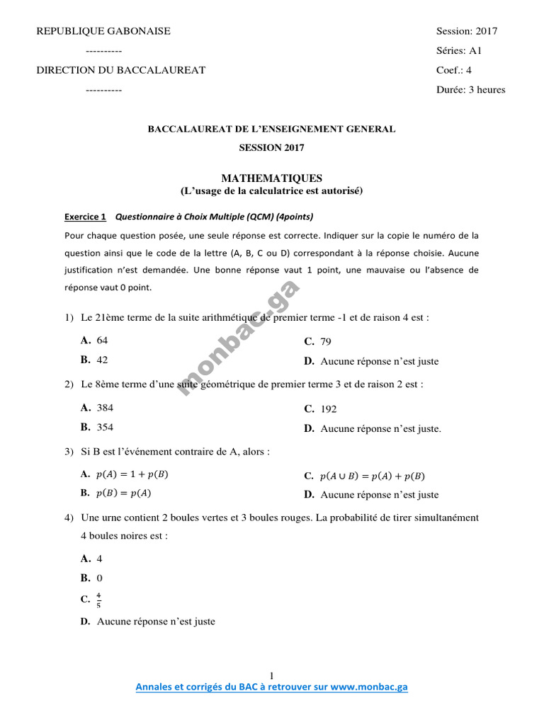 Corrigé Bac A1 2017 : Mathématiques | PDF | Mathématiques