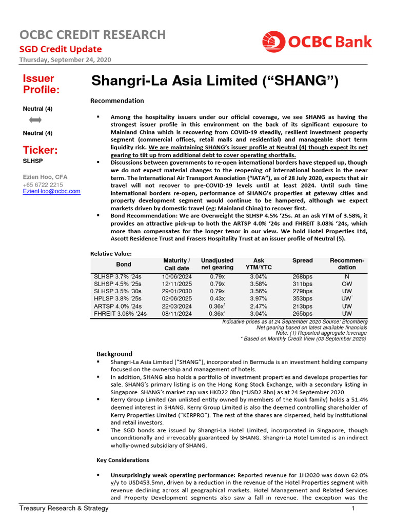 Ocbc Credit Research - Shangri-La Asia 240920 | PDF | Bonds (Finance ...