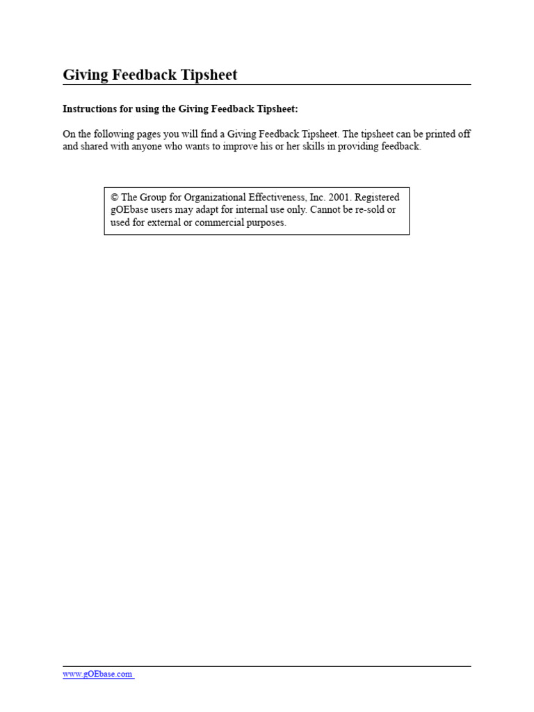 Giving Feedback Tipsheet Pdf Behavior Organizational Behavior