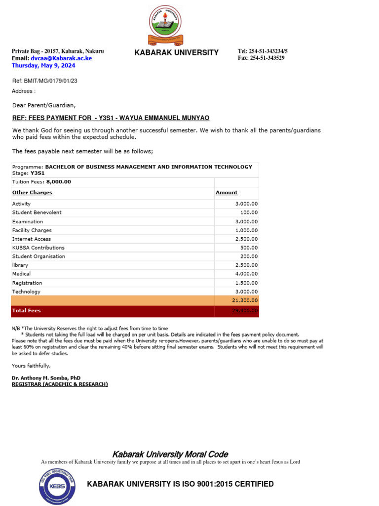 Y3S1 Business IT Fees Details | PDF | Fee