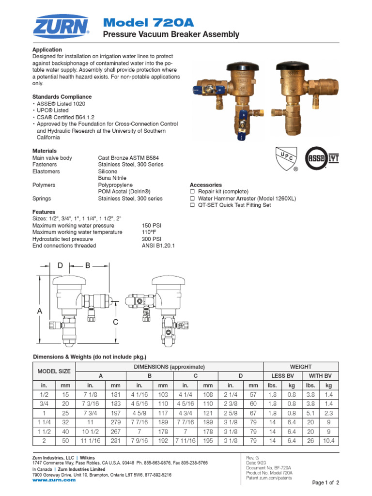 Model 720A: Pressure Vacuum Breaker Assembly | PDF | Valve | Building ...