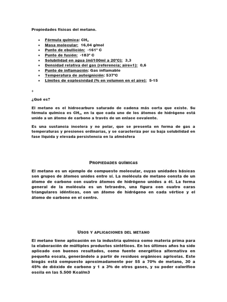 Propiedades físicas y químicas del metano | PDF | Metano | Gas natural