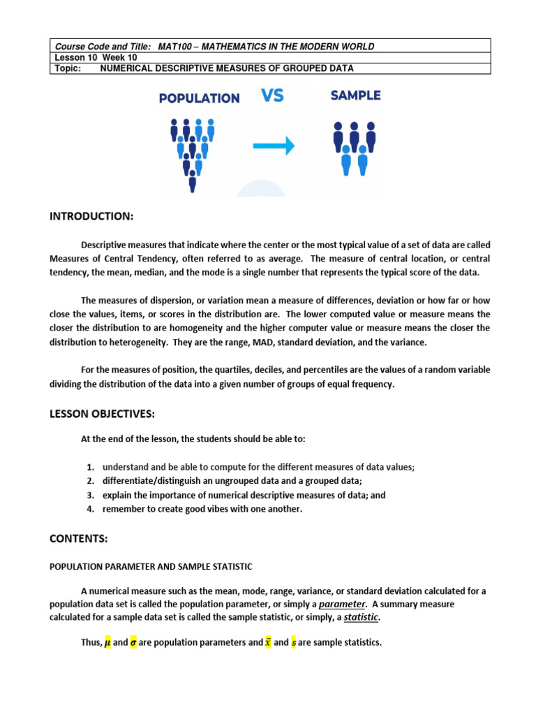MMW Lesson 10 Week 10 Grouped Data | PDF | Mean | Mode (Statistics)