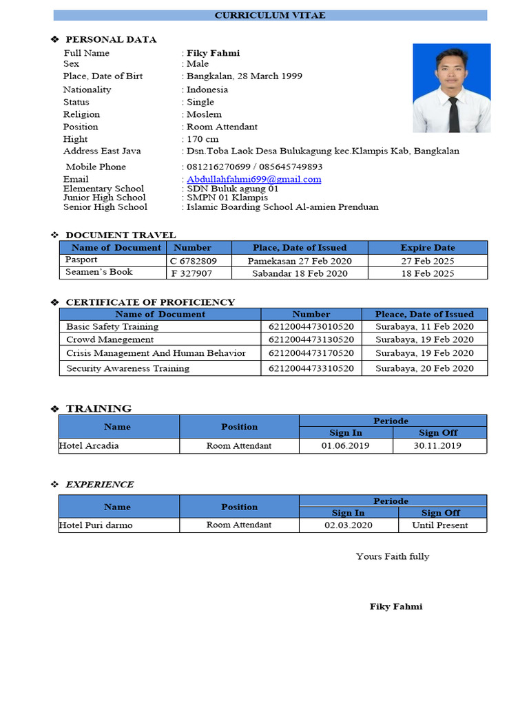 Fiky Fahmi's CV for Room Attendant | PDF