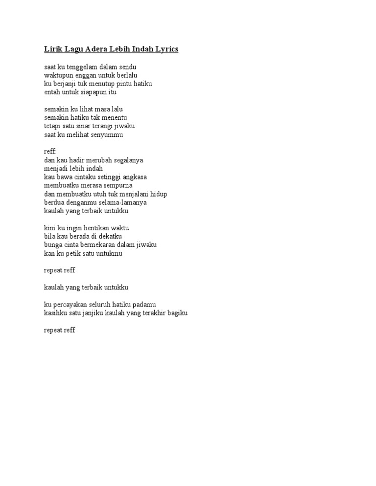 Lirik Lagu Adera Lebih Indah Lyrics