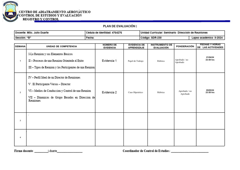 Plan de Evaluación: Seminario Reuniones | PDF | Evaluación | Aprendizaje