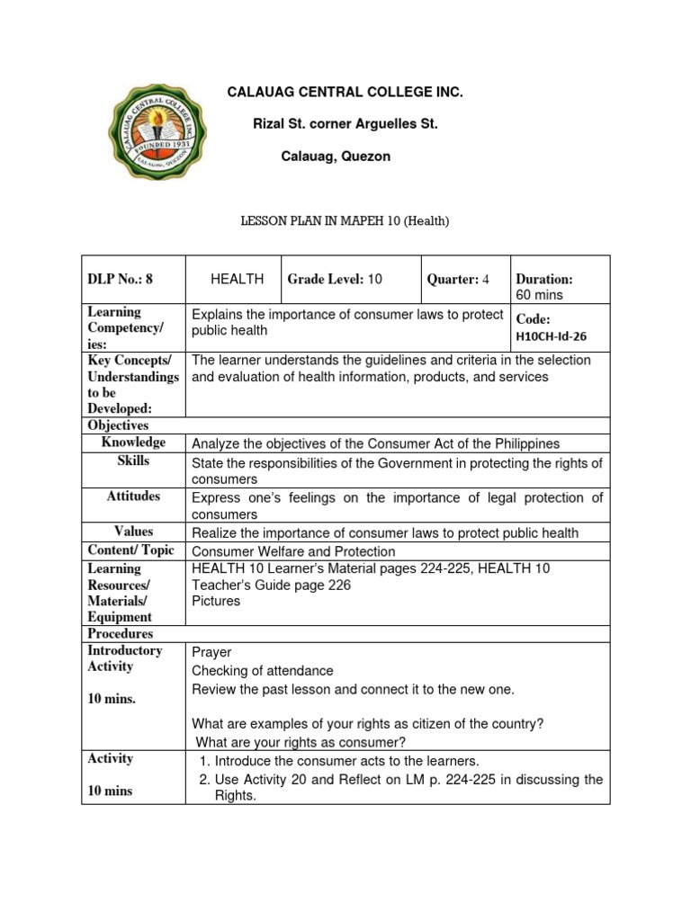 MAPEH 10 Lesson Plan: Consumer Health | PDF | Learning | Lesson Plan