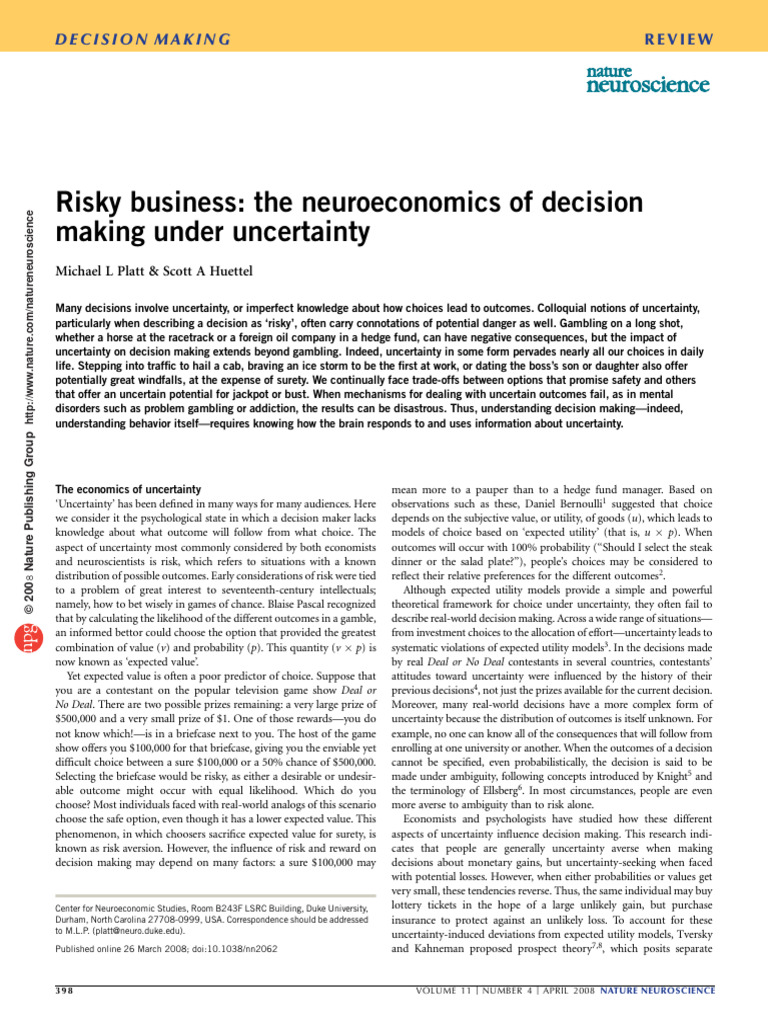 Platt. Risky Business The Neuroeconomics of Decision Making Under ...