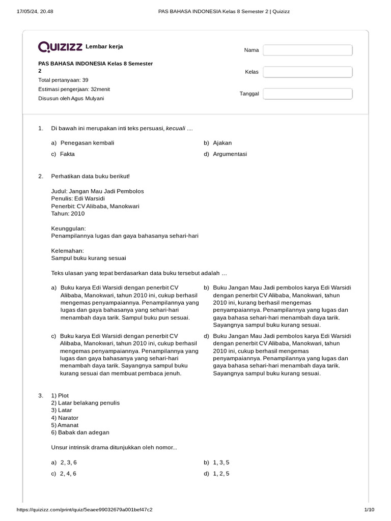 Pas bahasa indonesia kelas 8 semester 2 quizizz pdf