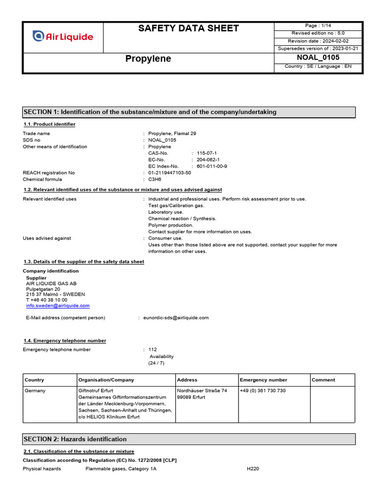 Propylene Safety Data Sheet (SDS) | PDF | Personal Protective Equipment ...