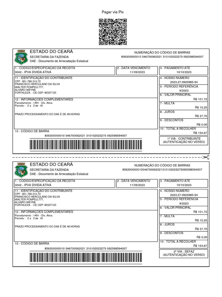 IPVA: Documento de Arrecadação CE | PDF | Pagamentos