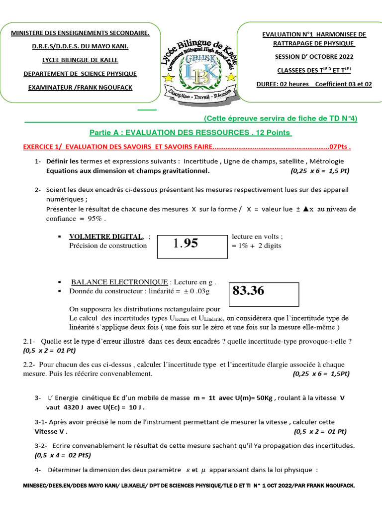 Rattrapage en Physique-Chimie TLE D et Ti | PDF | Physique | Quantité