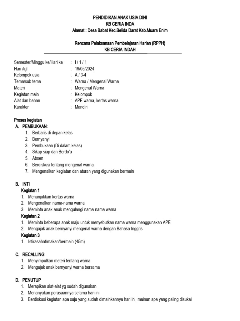 RPPH Mengenal Warna untuk PAUD | PDF | Kesehatan Holistik