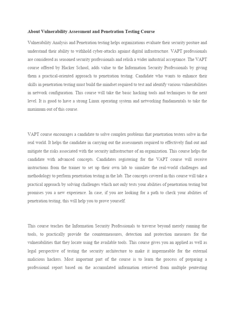 About vulnerability assessment and penetration testing course pdf