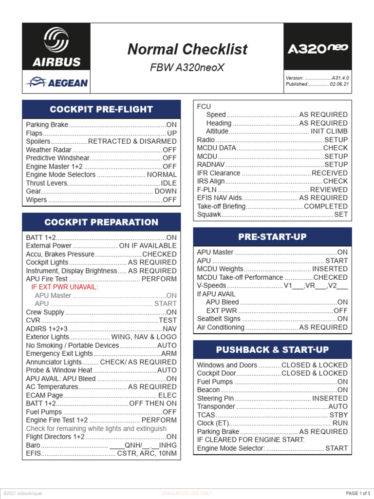 A20NX Checklist Aegean | PDF | Landing Gear | Takeoff