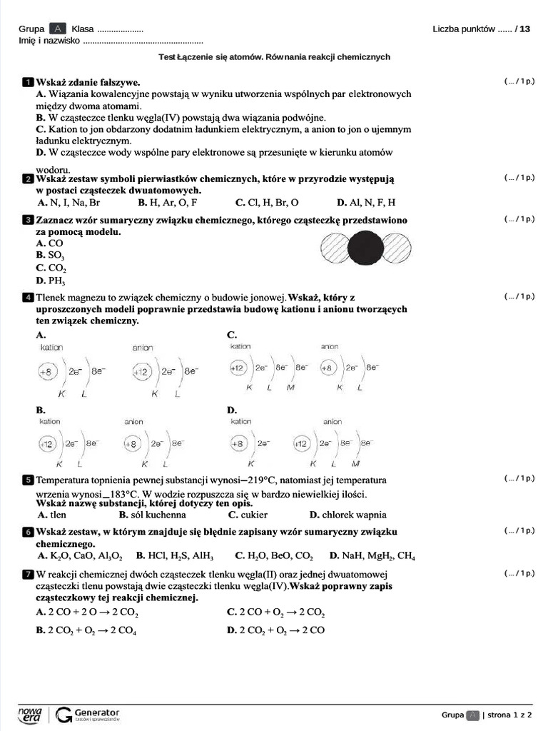 łączenie Się Atomów Równania Reakcji Chemicznych Sprawdzian Klasa 7 Pdf