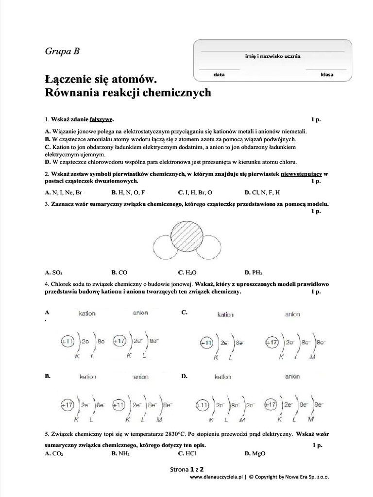 Test Z Chemi Klasa 7 Sprawdzian Chemia Klasa 7 Dział 4 GRP.B | PDF