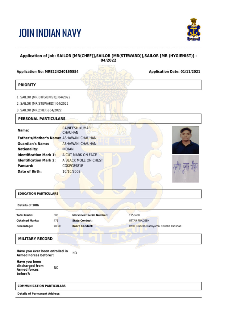 Indian Navy Sailor Application 04/2022 | PDF | Justice | Crime & Violence