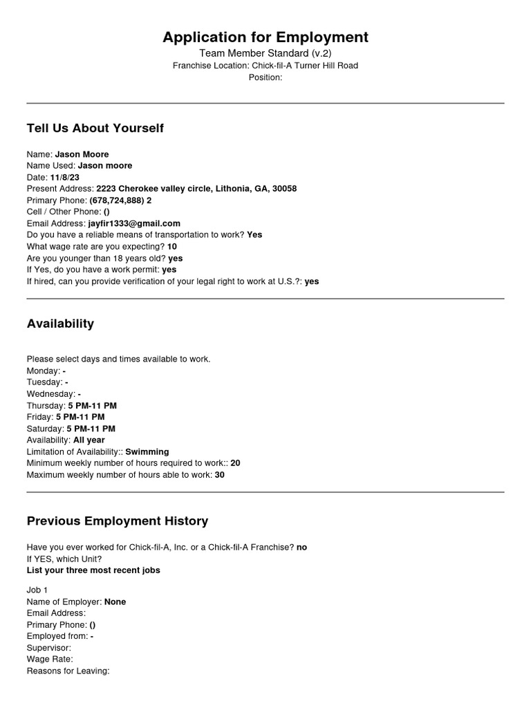 Chick-fil-A Employment Application Form | PDF | Franchising | Employment