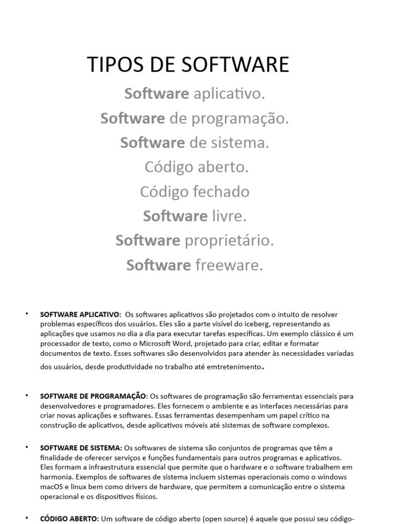 Tipos de Software: Definições e Exemplos | PDF | Software gratuito ...