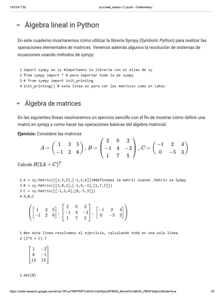 Álgebra Lineal con Sympy en Python | PDF | Matriz (Matemáticas ...