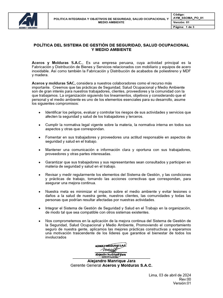 Política de Seguridad y Salud Laboral | PDF | Seguridad y salud ...