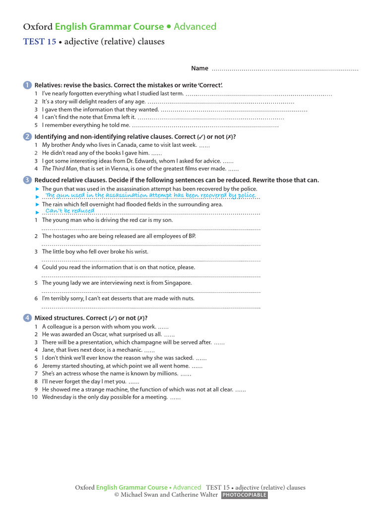 Advanced Test 15 Adjective (Relative) Clauses | PDF