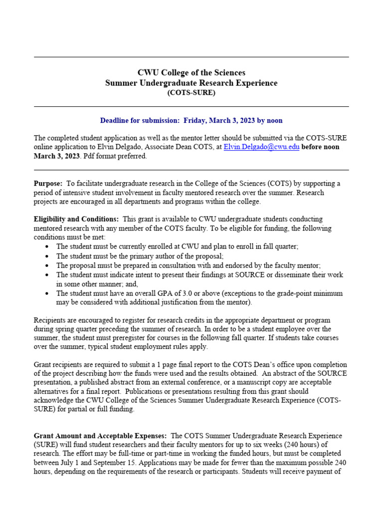 2023 COTS SURE Application Instruction Packet | PDF | Budget | Experience