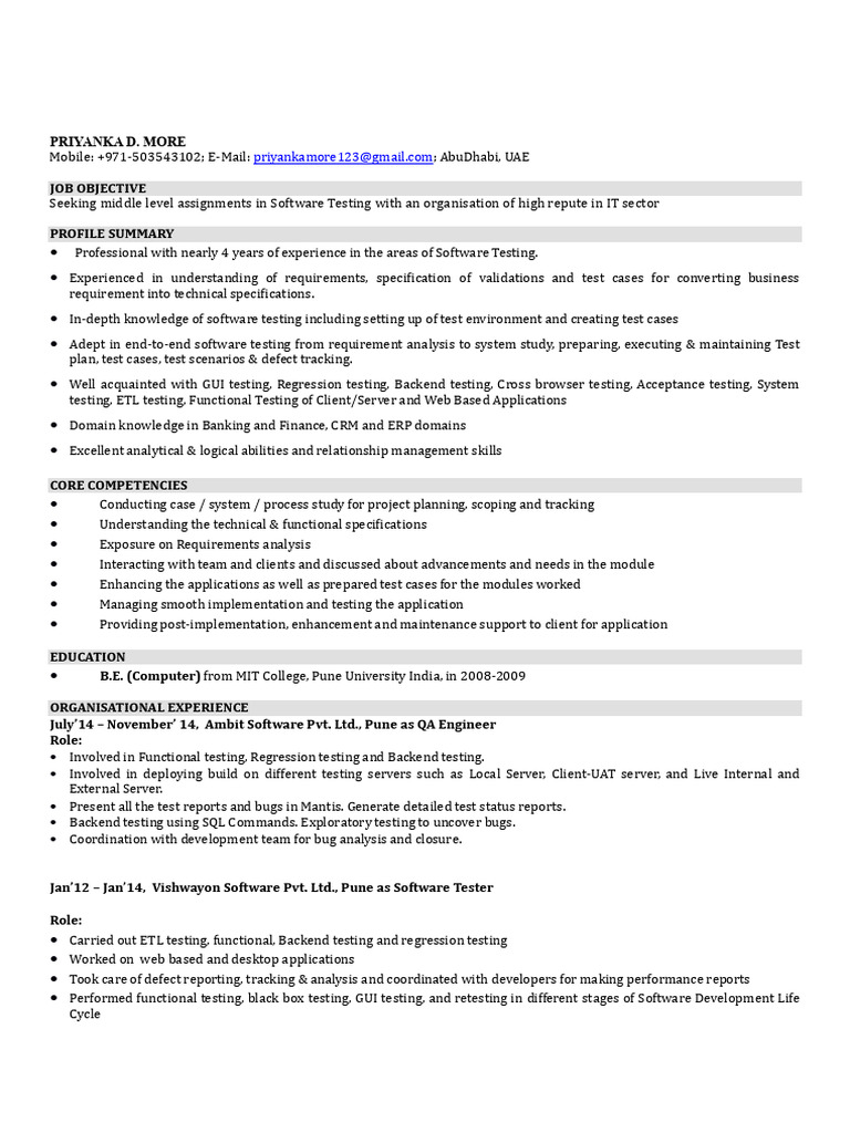 Software Testing Resume - Priyanka More | PDF | Software Testing | Software