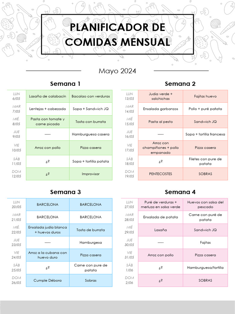Planificador de Comidas Mensual | PDF | ensalada | Cocina africana