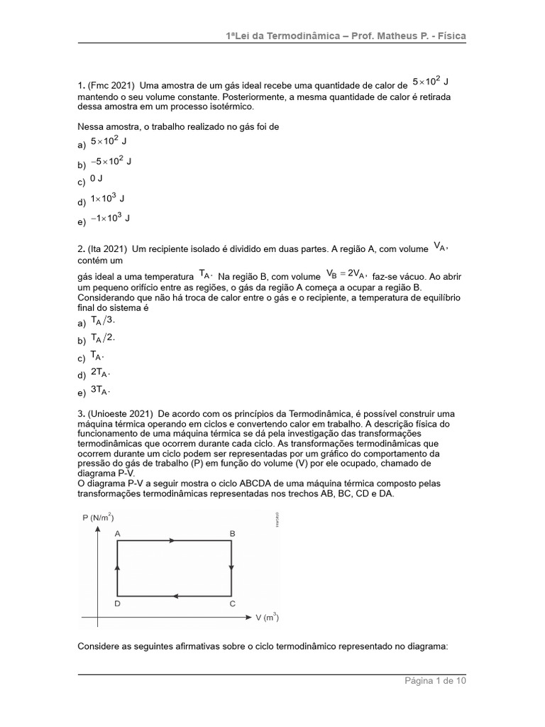 Exercícios sobre a 1ª Lei da Termodinâmica | PDF | Termodinâmica ...