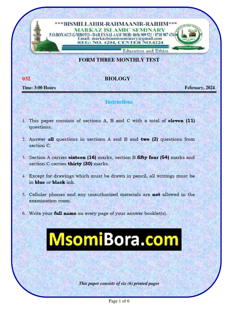 F3 Biology Monthly Test Feb 2024 | PDF | Urinary System | Kidney