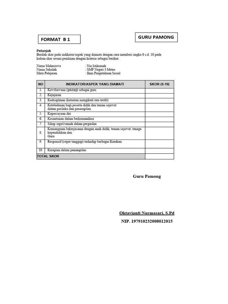 Format Penilaian PLP 2 | PDF