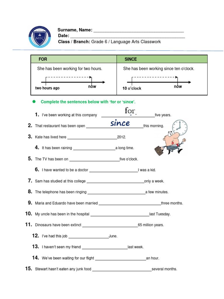 Grammar Exercise: For vs. Since | PDF | Language Arts & Discipline ...