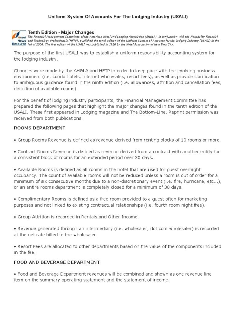 Uniform System Of Accounts For The Lodging Industry Italiano